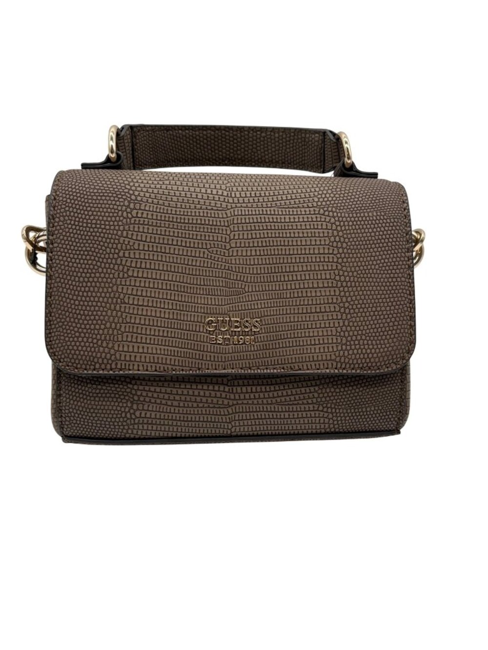 Guess Brown Faux Leather Lyndi Mini Top Handle Flap Crossbody Bag
